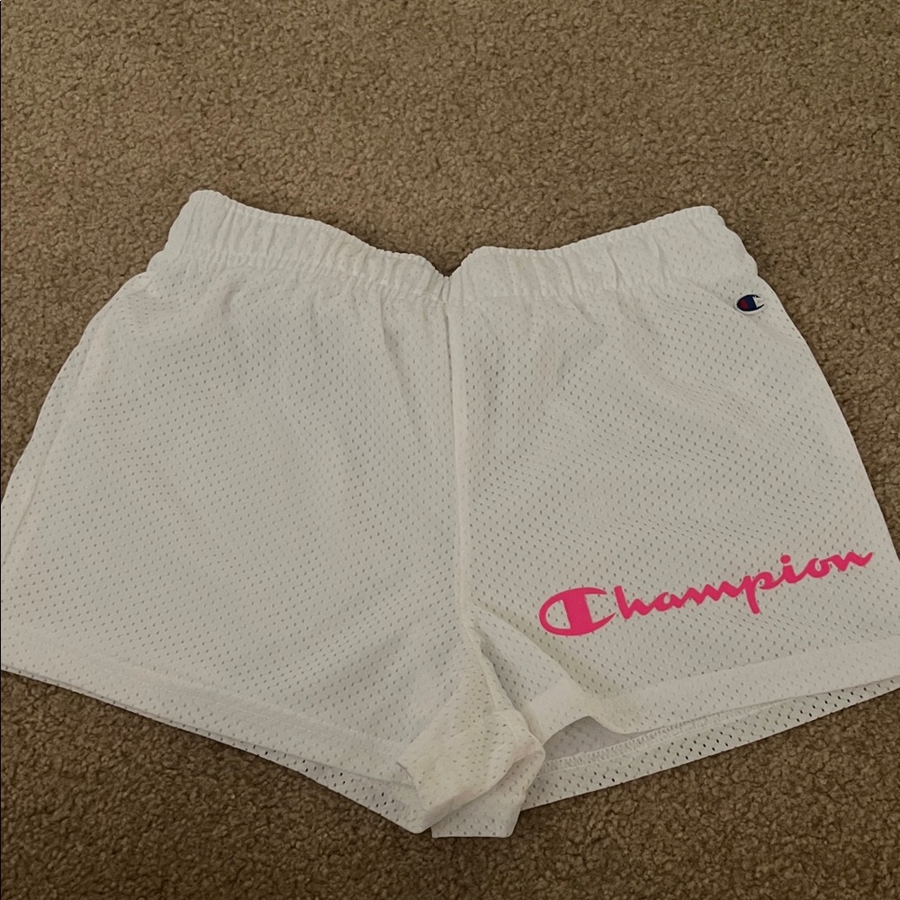 Champion White Mesh Athletic Shorts with Pink Script